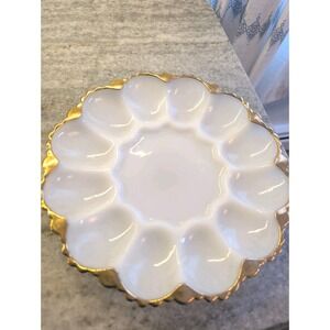 Vintage Deviled Egg Plate Milk Glass Dish w/Gold Trim
